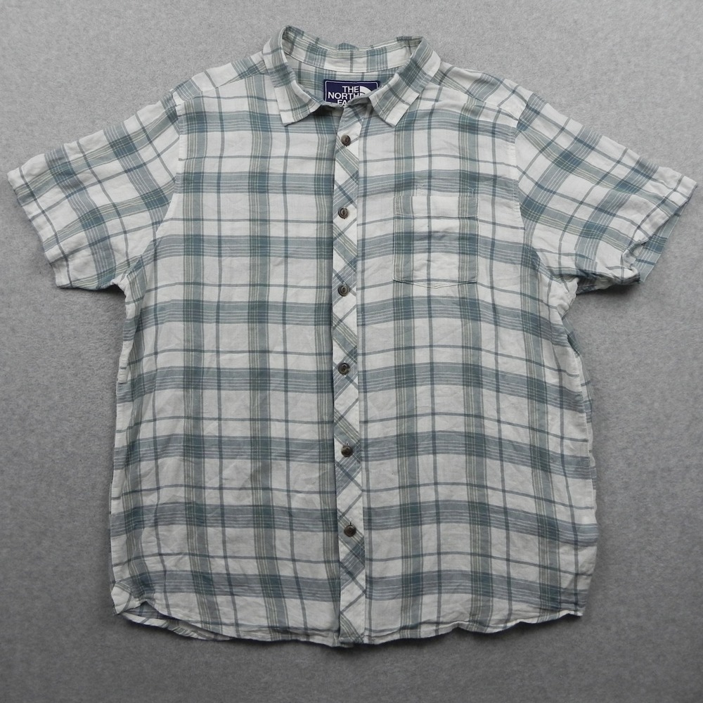The North Face Button Up Shirt Mens XL Regular Green Plaid Short Sleeve Pocket